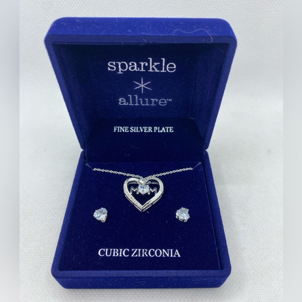 Allure Silver Plate Heart Necklace and Earring Set CZ - Picture 1 of 5